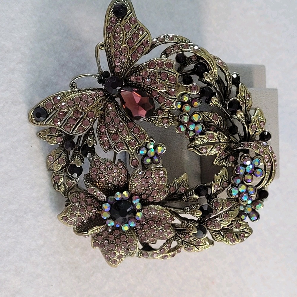 Butterfly Floral Wreath Brooch Pink Purple AB Rhinestone Gold Tone Statement Pin